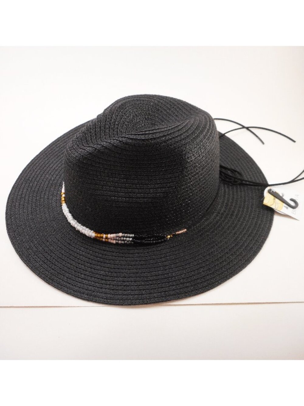 NWT Bindya New York Women's Black Woven Straw Cowgirl Style Hat Fall Beaded Trim
